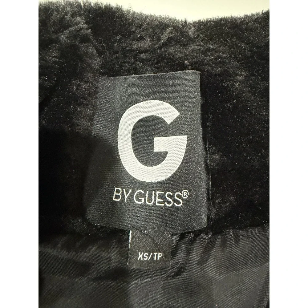 G by GUESS Women Black Puffer Jacket Rose Gold Hardware Faux Fur Collar XS